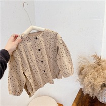 2021 Korean childrens clothing autumn forest girls cotton shirt small polka dot polka dot long-sleeved round neck shirt top