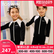 TOSWIM Kids childrens one-piece swimsuit Men and women childrens long-sleeved sunscreen medium and large childrens quick-drying swim suit 2021