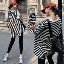 Net Red Pregnant Woman Spring Clothing Suit Loose Casual Pure Cotton Striped Plus Suede Long Sleeve Sweater T-Shirt Woman Autumn Winter jacket