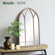  Wrought iron retro decorative mirror European-style French old wall-mounted mirror Full-length mirror Living room outdoor fake window wall-mounted mirror