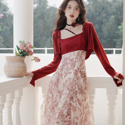 taobao agent Retro red dress, long skirt, 2023, high waist, floral print, trend of season