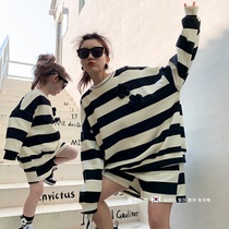 South Korea 2022 Spring and autumn loaded with new foreign pistichio Flower Striped Sweatshirt Shorts Mother Womens Dress Damp