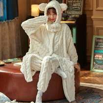 Thickened plush coral fleece nightgown womens winter long ins wind bathrobe jacket hooded autumn and winter flannel pajamas