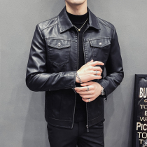 Rich bird high-end leather mens coat Korean slim Ruffian handsome lapel motorcycle jacket Casual trend mens clothing