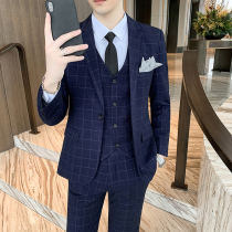 Mens casual suit suit Slim trend plaid groom wedding dress Korean version suit jacket Business formal dress