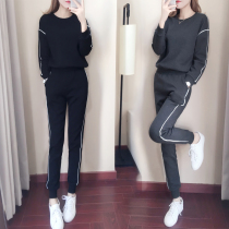 Casual Sports Suit Women 2022 New Autumn Winter Fashion Superior Black Plus Suede Long Sleeve Sweatshirt Two-piece Set