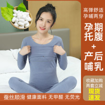 Pregnant women autumn clothes and trousers set cotton autumn and winter warm underwear feeding moon clothing blue postpartum lactation pajamas