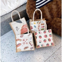 Special Japanese womens linen canvas printed portable lunch bag Texture sports strawberry orange graffiti bag
