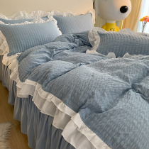 ins light blue girl heart four-piece lace quilt cover bed skirt princess style bedding three-piece Student Dormitory 3