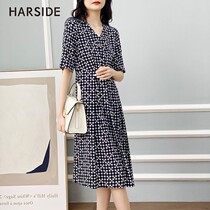 HARSIDE Polka dot printed crepe silk dress womens summer short-sleeved V-neck slim big name mulberry silk skirt