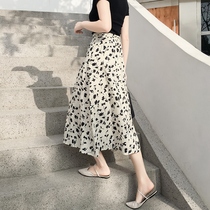 Floral skirt 2021 summer new mid-length retro high waist thin a-line skirt black Chiffon skirt