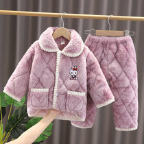 Childrens pajamas Winter girl suit flannel triple-layer cotton thickened baby coral velvet boy home clothing
