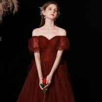 Toast to the bride 2022 new line of shoulder wine red wedding engagement Back to door gown Dress Banquets Triple Dress
