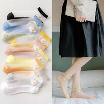 Net Red Crystal Midbarrel Socks Ice Silk Lace Socks 2021 New Women Cotton Bottom Feet Face Transparent Socks Short Socks Summer Thin