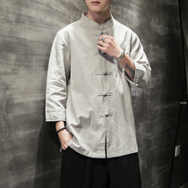 Chinese style Tang suit disc buckle linen shirt Chinese style seven-point sleeve cotton shirt retro costume short sleeve mens clothing