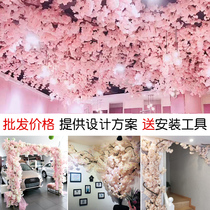 Simulation cherry blossom branch wedding cherry tree peach blossom silk flower Net Red indoor living room ceiling air conditioning decoration fake flower Rattan