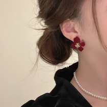 925 Silver Needle Velvet Flower Earrings Advanced Feeling Light Luxury Earrings Temperament Advanced Atmosphere Autumn and Winter Red Earrings Female