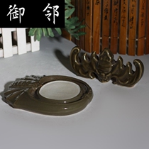 Antique porcelain inkstone pen holder monochromatic glaze bat porcelain pen holder inkstone antique Wenfang equipment