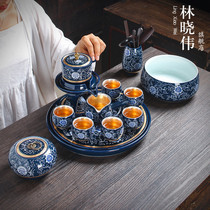  Jingdezhen handmade gilt silver tea set set Household simple lazy tea stone mill semi-automatic tea set Kung Fu tea cup