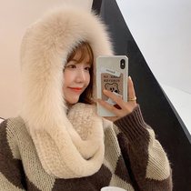 New Rex Rabbit Hair Hat Scarf One Snow Hat Female Winter Fox Fur Weathering Warm Hooded Cap