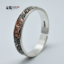 Yunnan handmade silverware foot silver 999 snowflake silver inlaid bronze vintage National style bracelet Sterling Silver open bracelet gift