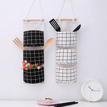 Checkered cotton linen containing three pockets hanging bag door rear collection bag minimalist fashion hanging hood storage bag manufacturer direct