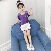 Net Red Girl Summer Clothing Purple Sports Suit 2022 new children Womens big children Short sleeves Network Red Summer Ice Silk Summer