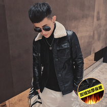 Tide brand casual leather clothing mens 2021 new autumn and winter lamb fur collar coat men plus velvet padded leather jacket