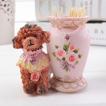 Cute teddy dog resin toothpick tube creative European home toothpick box mini cotton stick craft decoration