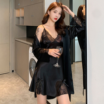 Silk nightgown womens 2021 new sexy pajamas summer thin suspender nightgown two-piece ice silk home service
