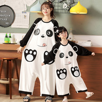 Children conjoined pyjamas spring autumn season pure cotton long sleeves parent-child pyjamas dress with big child anti-kick home clothes