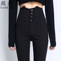  High-waisted jeans women are thin 2021 spring and autumn new pants black tight little feet nine-point slim-fitting belly trousers