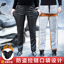 Mens leather pants plus velvet padded leather pants mens middle-aged and old size high waist leather pants motorcycle motorcycle motorcycle riding leather pants
