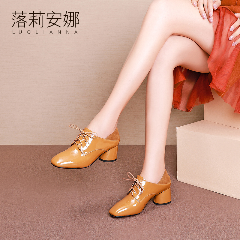 Autumn 2019 New Women's Shoes Retro Square Head-heel Small Leather Shoes Fashionable Lacquer Laces and Deep-mouthed Single Shoes