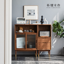 Park Su wood Nordic solid wood side cabinet Black walnut bucket cabinet Living room bedroom modern simple storage combination cabinet