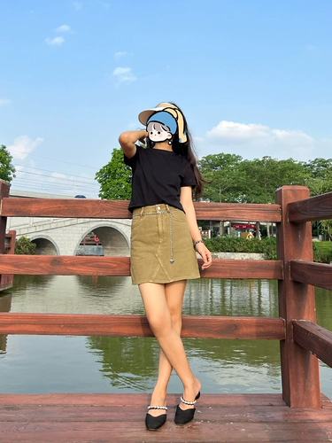 @爱Y衣｜Украшение в виде цепочки любви~ Джинсовая юбка зелено-кофейного цвета (на подкладке)