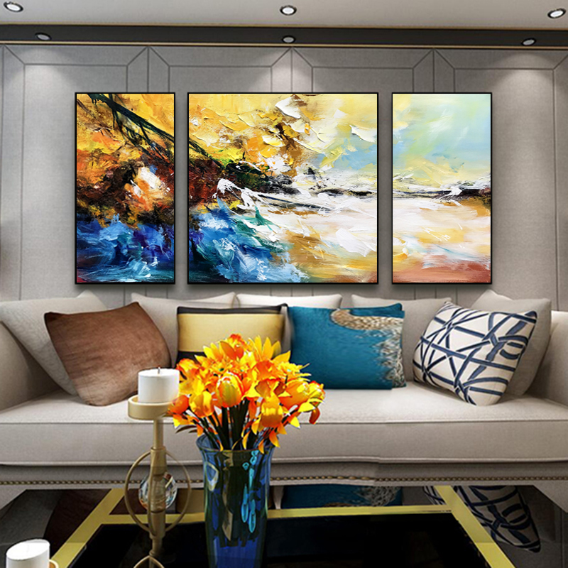 Lightweight and Luxury Living Room Oil Painting Originally Ten Miles Golden and Autumn Triple Abstract Painting Living Room Customized Painting Modern Simple Decorative Painting