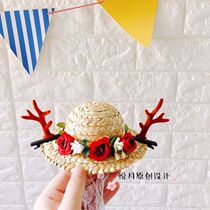 Christmas antlers pet hat cute flower straw hat pet headdress pet cat dog birthday gift