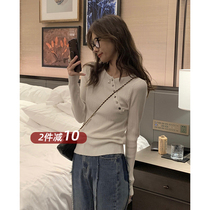 EKoOL customized obliquely buttoned round collar long sleeve knitted t-shirt woman spring new 100 hitch body display slim fit underhand jersey
