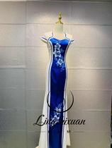Rental of new slim and improved blue and white porcelain fish tail high-end catwalk cheongsam dress long costume womens banquet dress