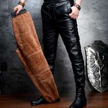Winter plus velvet padded mens leather pants loose motorcycle locomotive waterproof and warm leather fur integrated PU leather pants men