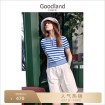 (Klein Blue) Sound childrens beautiful womens dress 2022 Summer new navy striped needling jersey