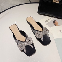 Small ckerwin black~Square head spindles muller shoes rhinestone bow single shoes baotou half slippers