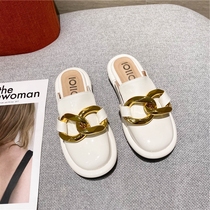 Little ckerwin cute doll head metal buckle Muller shoes~Baotou half slippers patent leather flat loafers
