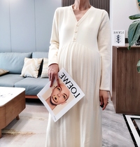 Ahyi maternity wear loose size 200kg covering pregnant belly knitted feeding breastfeeding dress over the knee long autumn winter