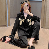 And gentle bump full of ~ Home Daily bow long sleeve pajamas female spring autumn ice silk suit