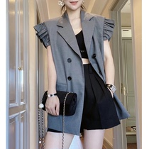 Vest women 2021 spring and autumn new Korean version of the double-breasted suit collar ruffle edge sleeveless temperament fashionable jacket