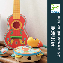 French DJECO Mambo series musical instruments Childrens simulation wooden musical instruments Tambourine Ukulele sandbell rattle