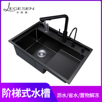 Stepped sink 304 stainless steel kitchen high and low step washing basin multifunctional manual large single sink sink