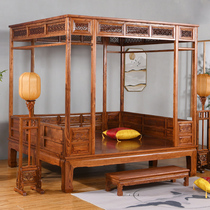 New Chinese style Mahogany solid wood Ming and Qing classical antique Elm Qiangong Moon hole shelf bed Pull-out step bed Double bed